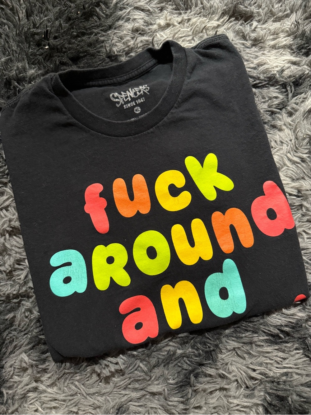 Spencer’s f around and find out graphic tee in fun, colorful bubble letters